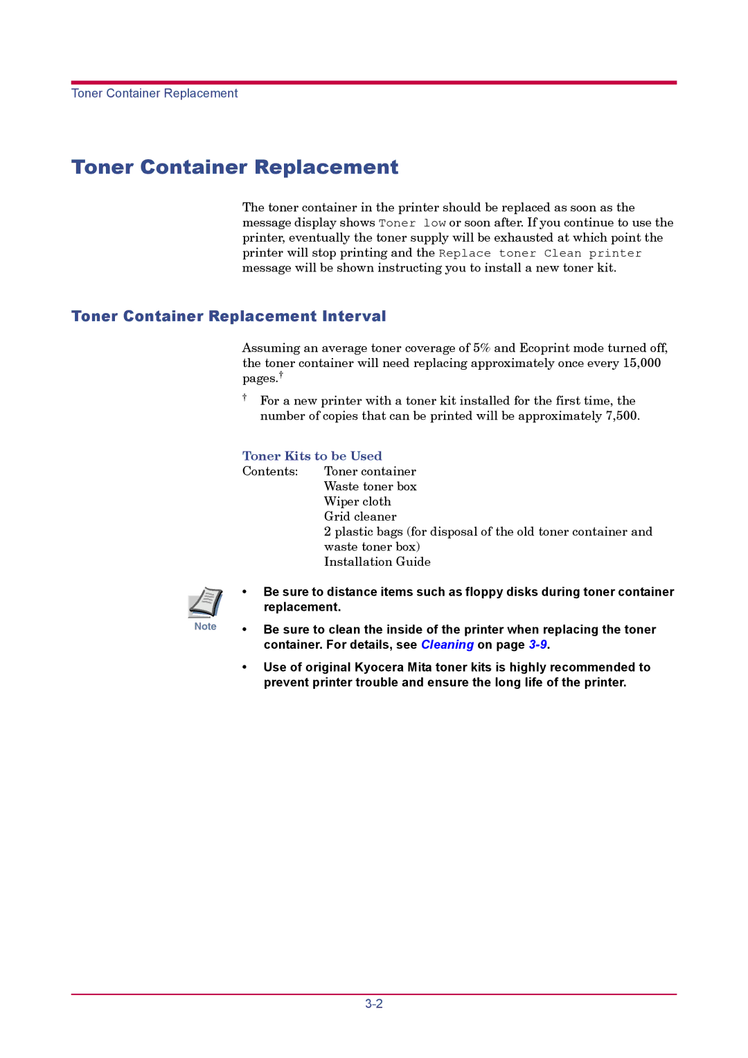 Kyocera FS-1920 manual Toner Container Replacement Interval 