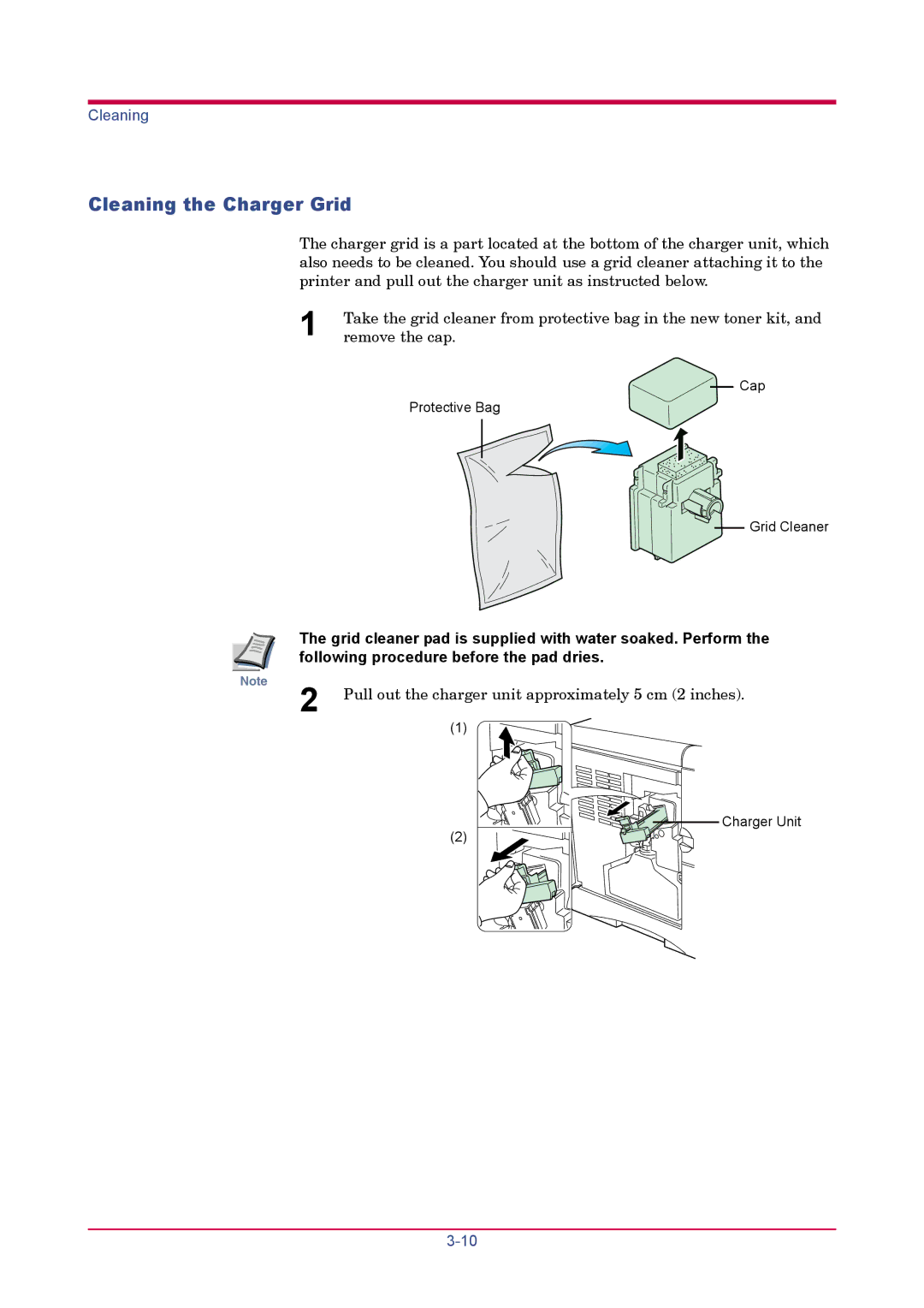 Kyocera FS-1920 manual Cleaning the Charger Grid, Pull out the charger unit approximately 5 cm 2 inches 