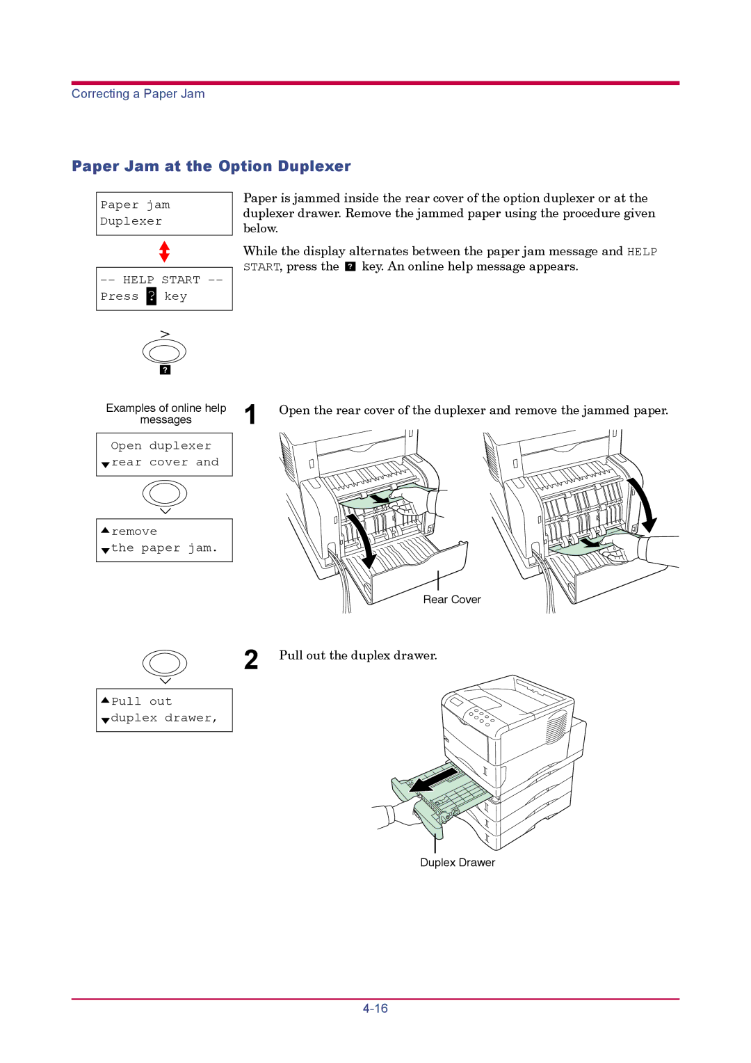 Kyocera FS-1920 manual Paper Jam at the Option Duplexer, Pull out the duplex drawer 