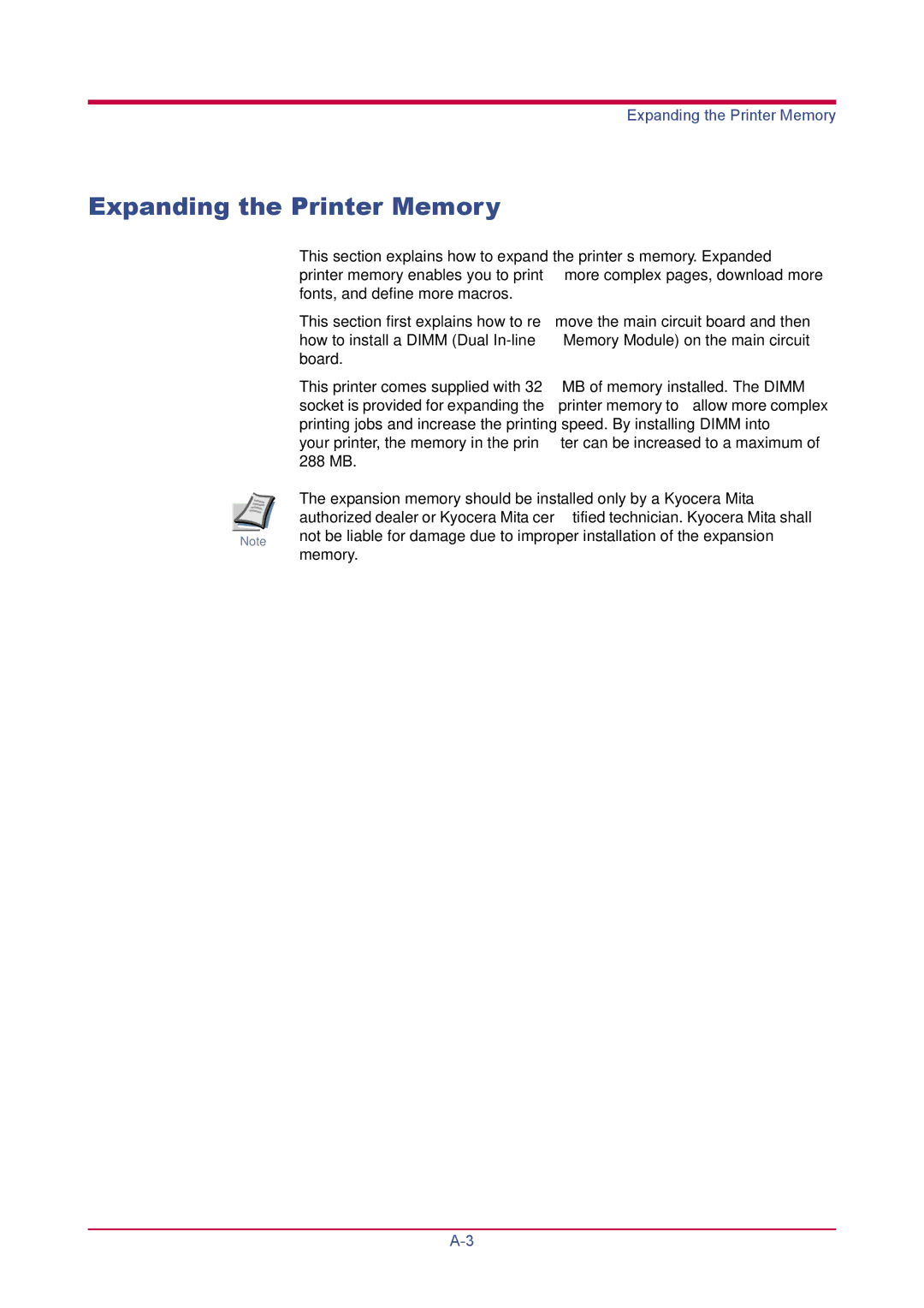 Kyocera FS-1920 manual Expanding the Printer Memory 