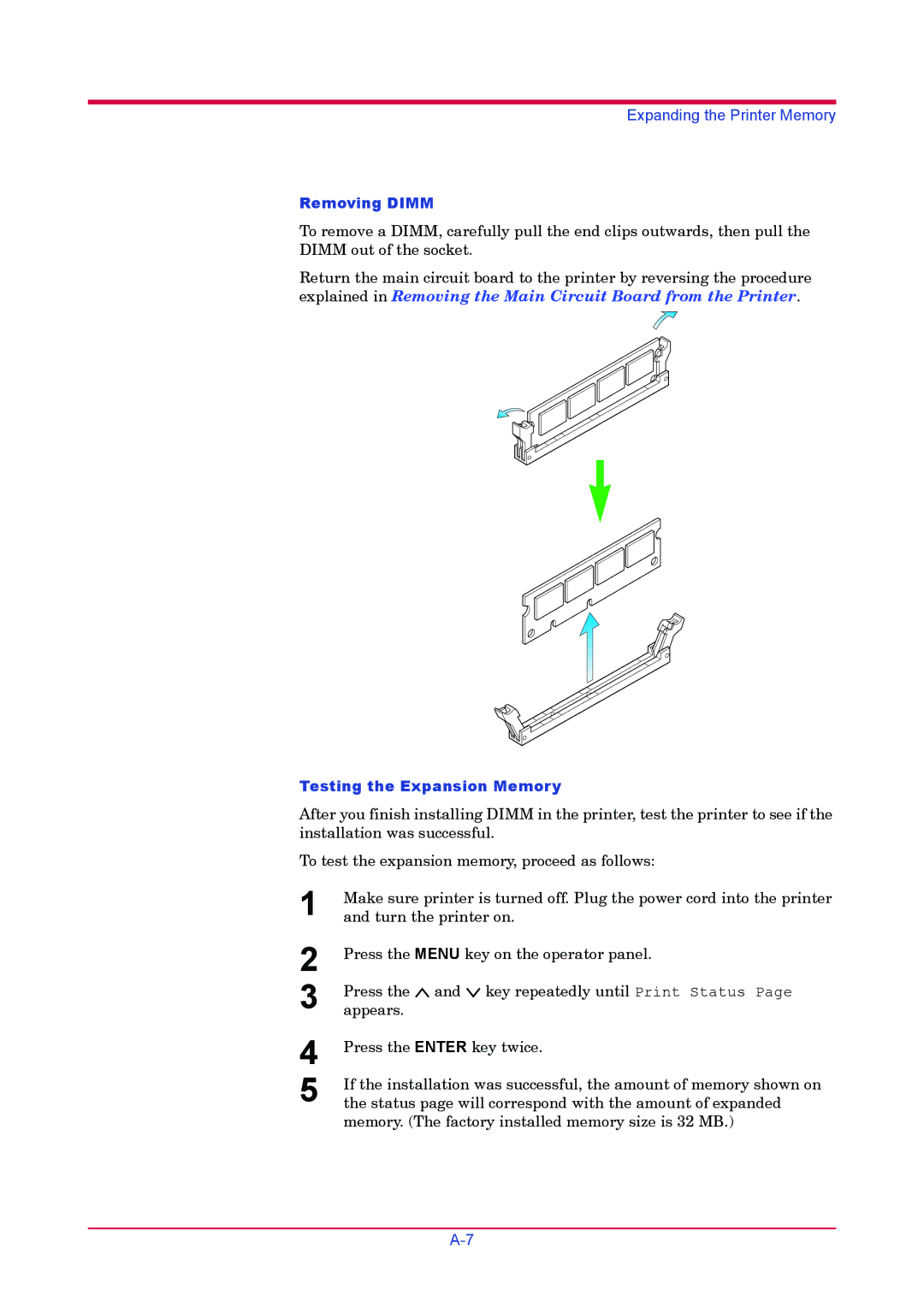 Kyocera FS-1920 manual Removing Dimm, Testing the Expansion Memory 