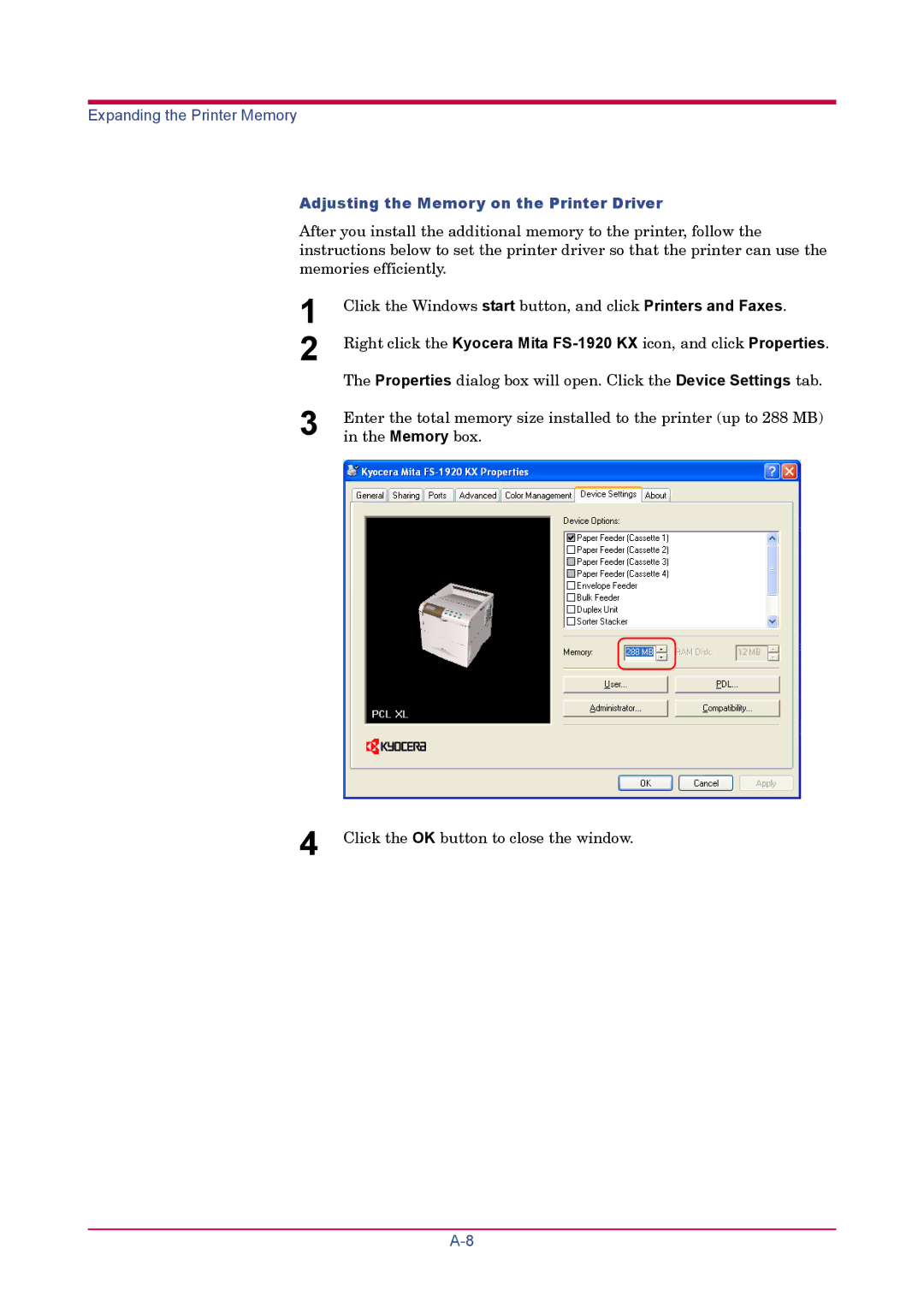 Kyocera FS-1920 manual Adjusting the Memory on the Printer Driver 