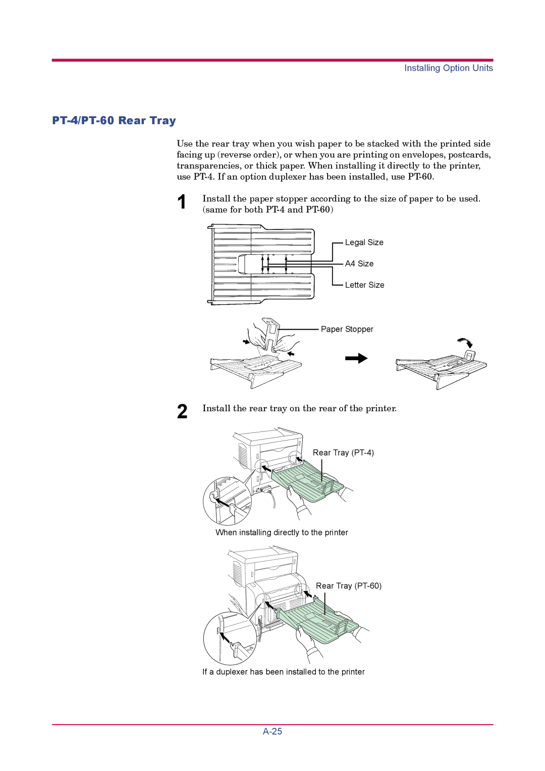 Kyocera FS-1920 manual PT-4/PT-60 Rear Tray, Install the rear tray on the rear of the printer 