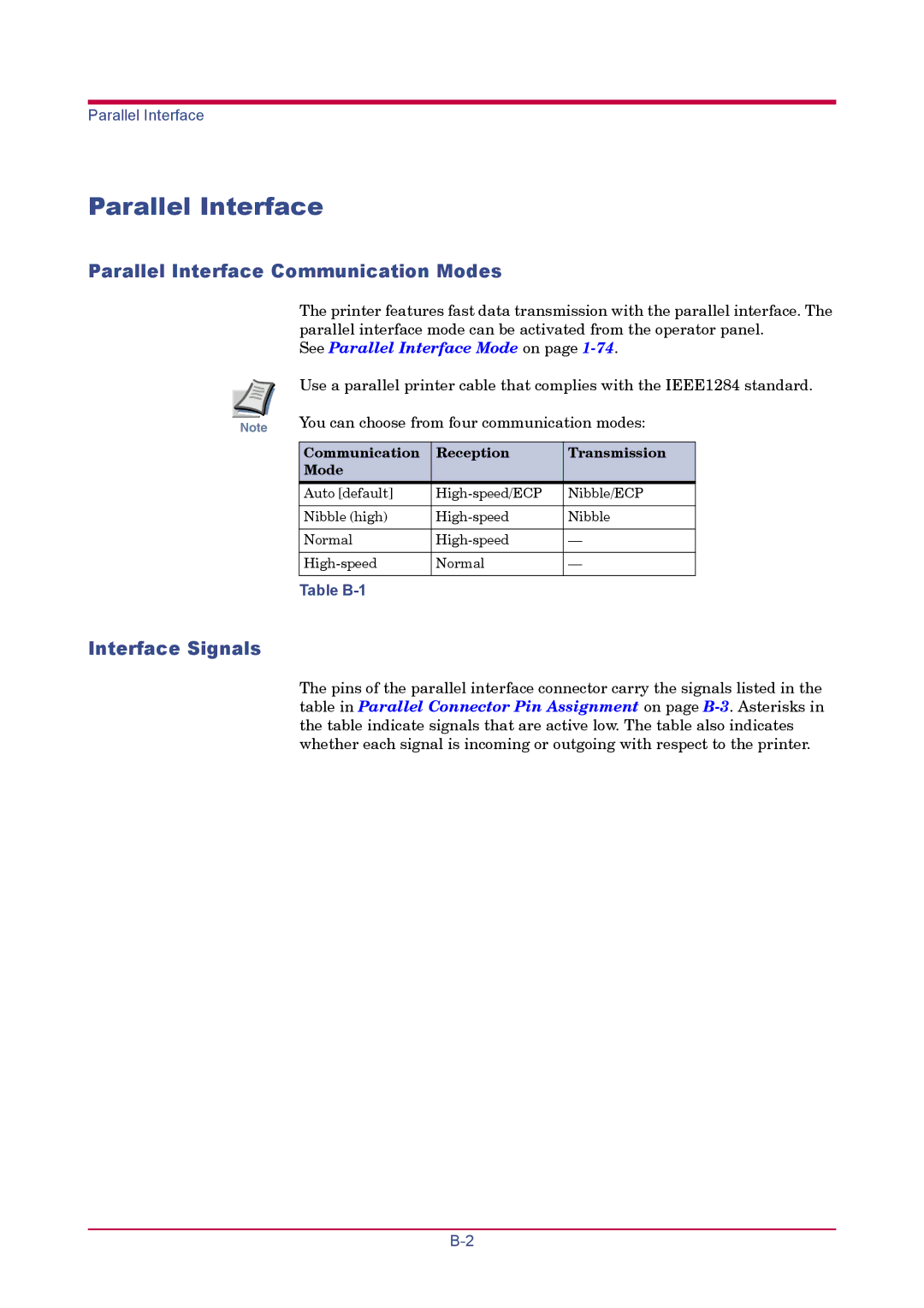 Kyocera FS-1920 manual Parallel Interface Communication Modes, Interface Signals, Table B-1 