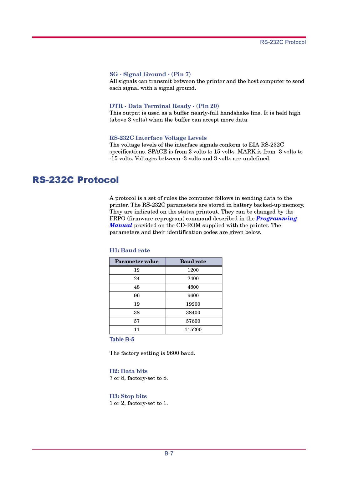 Kyocera FS-1920 manual RS-232C Protocol, Table B-5, Parameter value Baud rate 