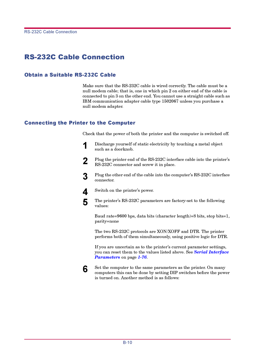 Kyocera FS-1920 manual RS-232C Cable Connection, Obtain a Suitable RS-232C Cable, Connecting the Printer to the Computer 