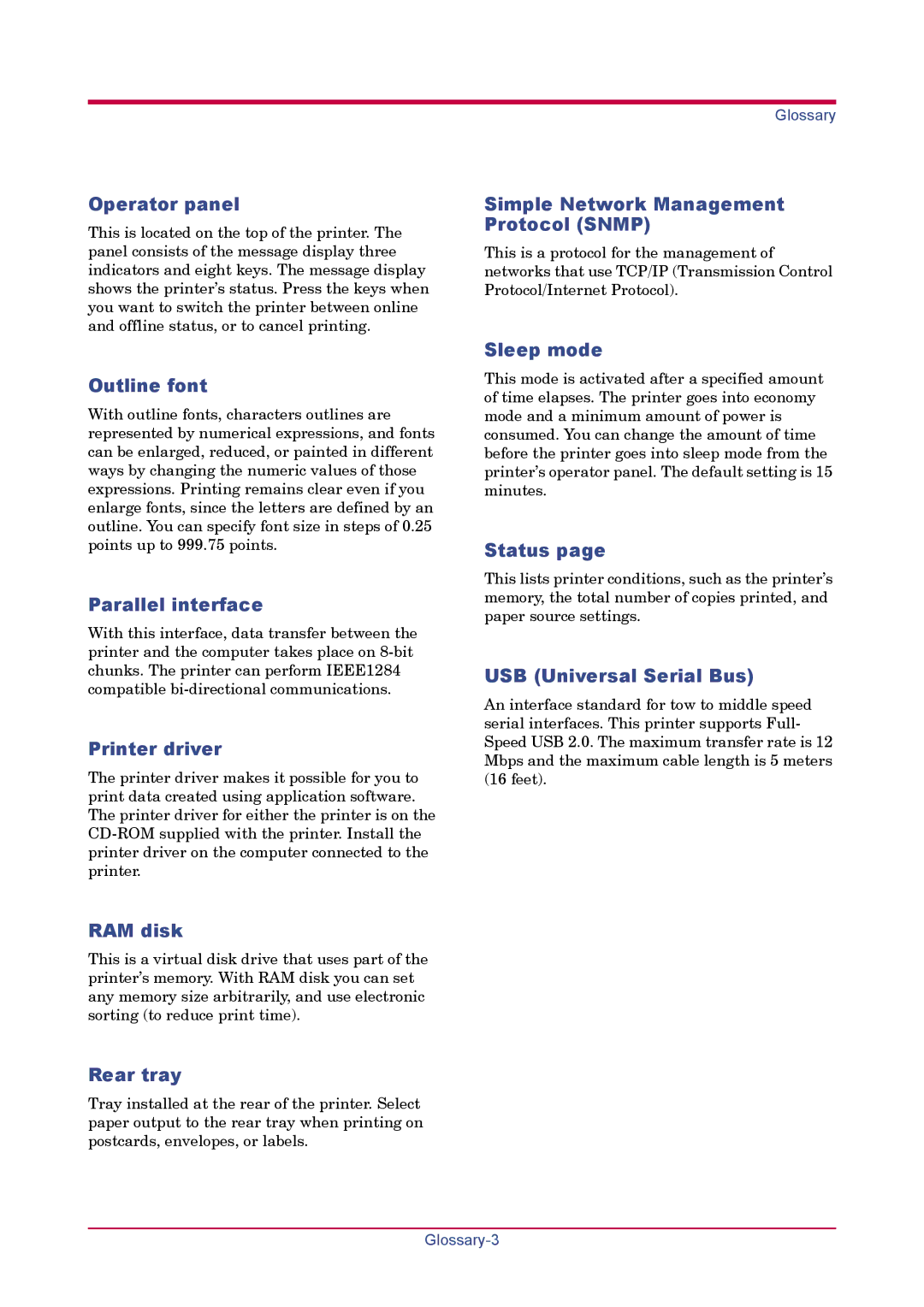 Kyocera FS-1920 manual Operator panel, Outline font, Parallel interface, Printer driver, RAM disk, Rear tray, Sleep mode 