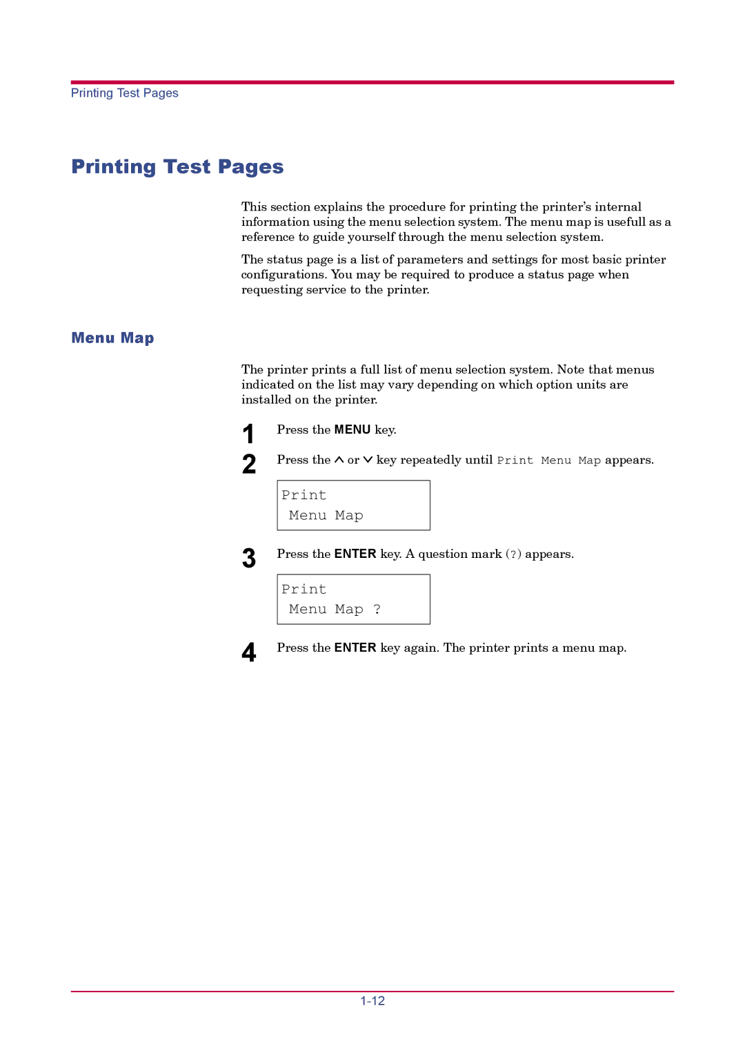 Kyocera FS-1920 manual Printing Test Pages, Print Menu Map ? 