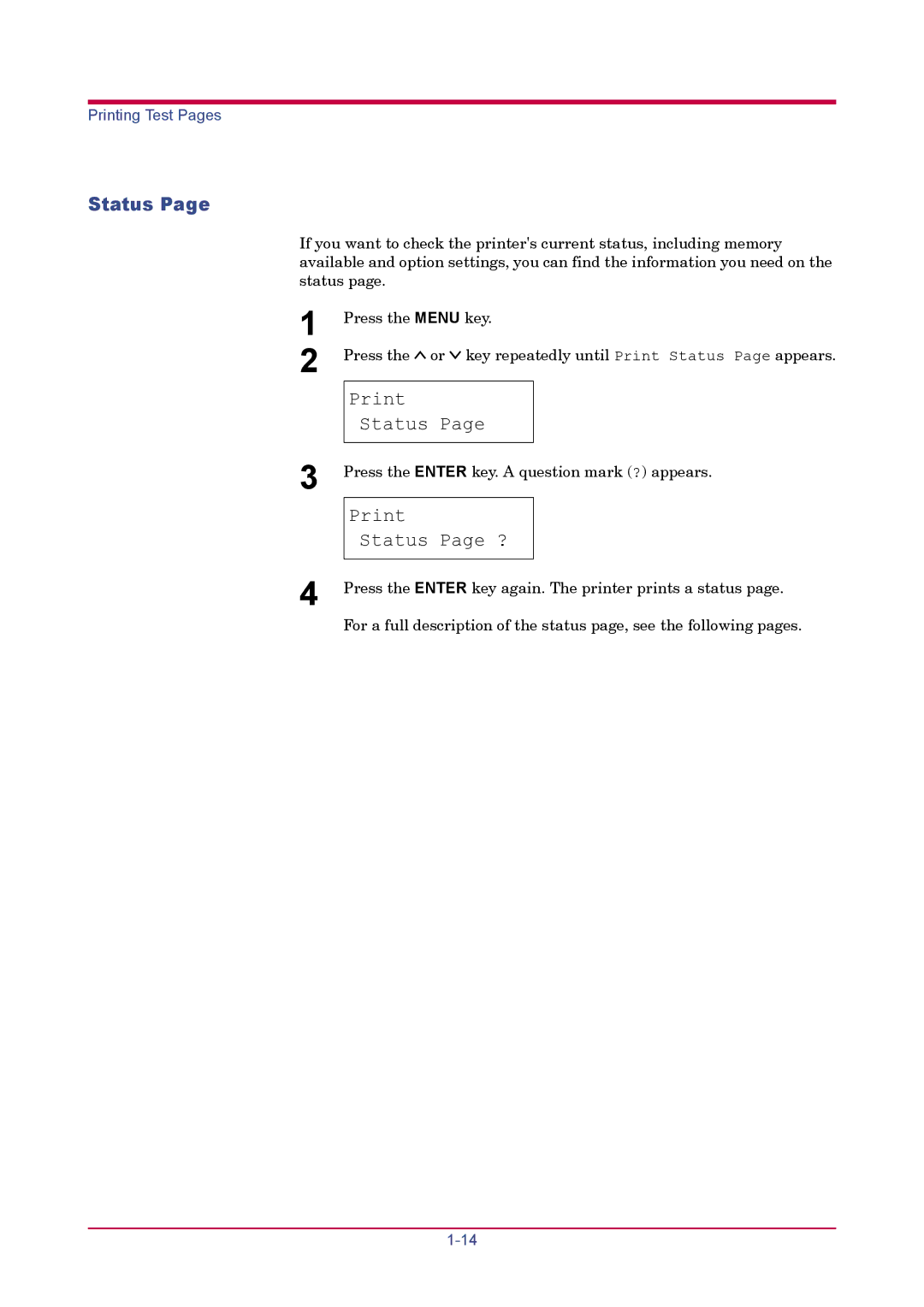 Kyocera FS-1920 manual Print Status Page ? 