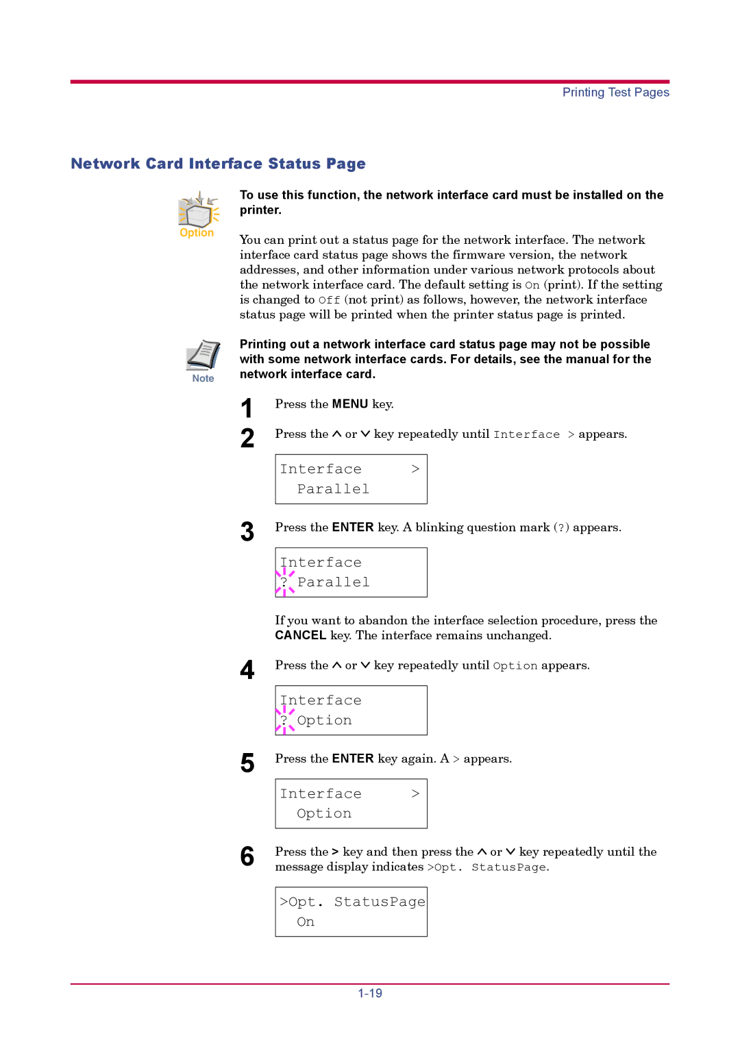 Kyocera FS-1920 manual Network Card Interface Status 