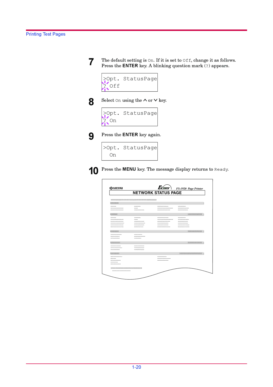 Kyocera FS-1920 manual Opt. StatusPage ? Off, Opt. StatusPage ? On, Opt. StatusPage On 