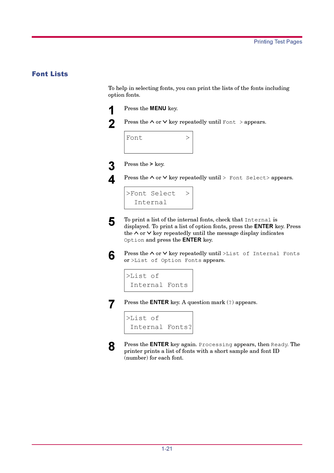 Kyocera FS-1920 manual Font Lists, Font Select Internal 