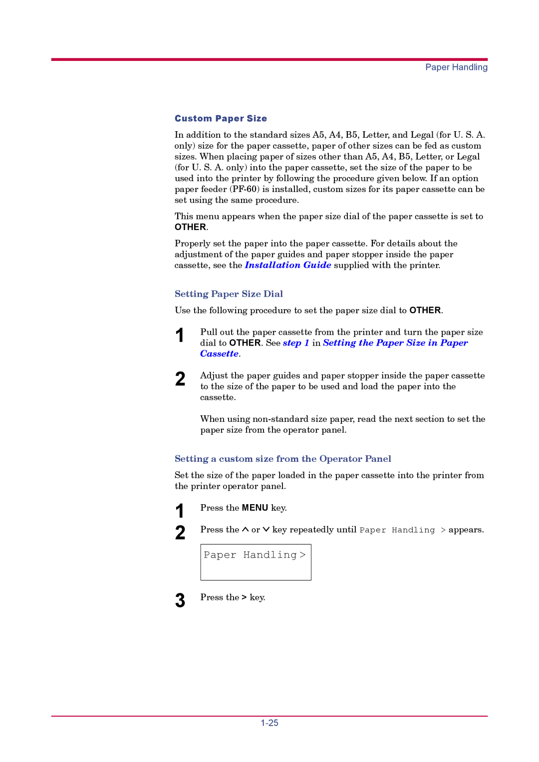 Kyocera FS-1920 manual Paper Handling, Custom Paper Size 