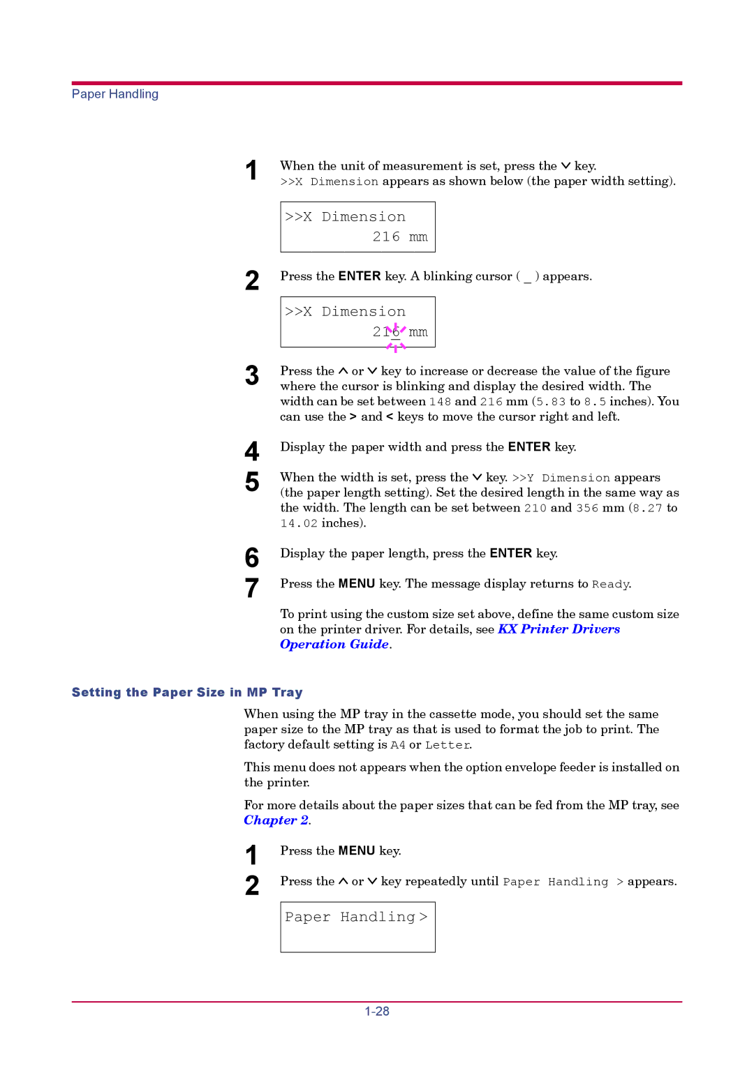 Kyocera FS-1920 manual Dimension 216 mm, Setting the Paper Size in MP Tray 