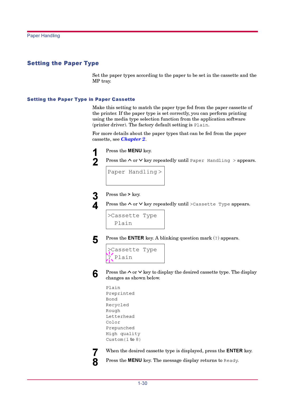 Kyocera FS-1920 manual Setting the Paper Type, Cassette Type Plain, Cassette Type ? Plain 