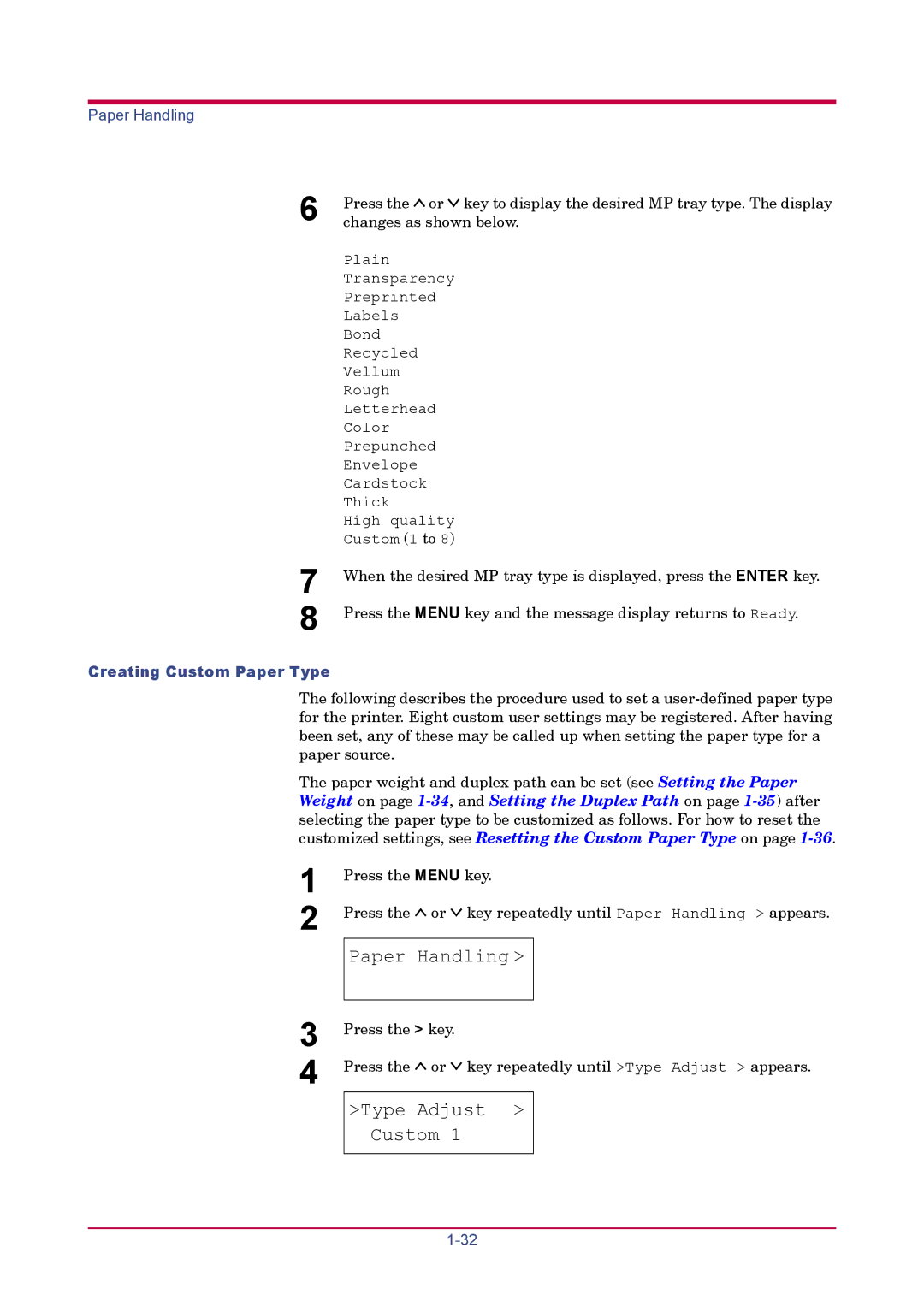 Kyocera FS-1920 manual Type Adjust Custom, Creating Custom Paper Type 