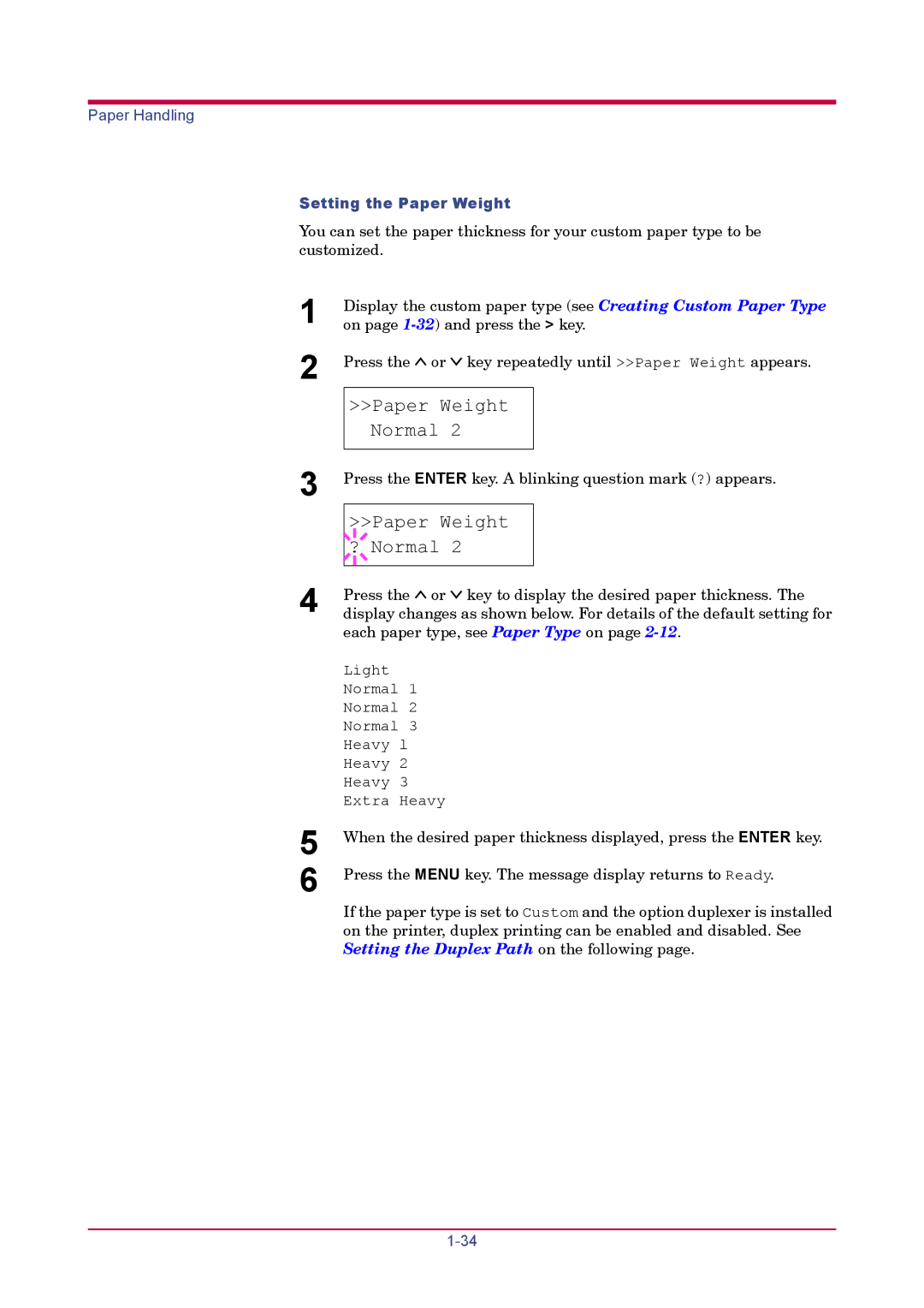 Kyocera FS-1920 manual Paper Weight Normal, Paper Weight ? Normal, Setting the Paper Weight 