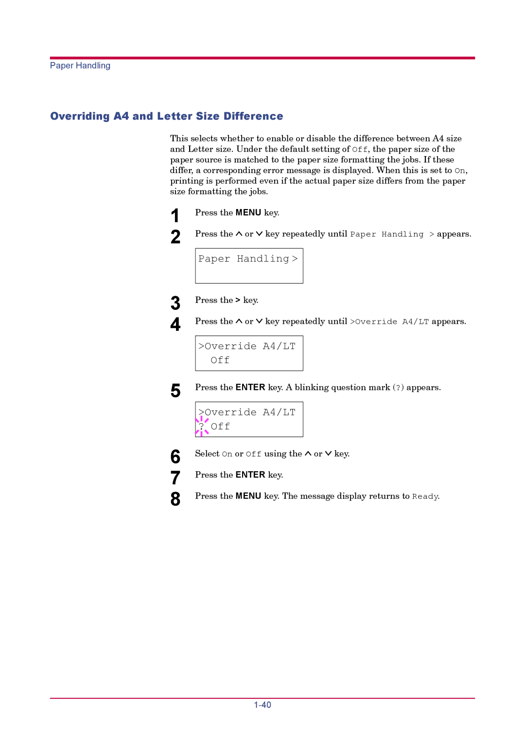 Kyocera FS-1920 manual Overriding A4 and Letter Size Difference, Override A4/LT Off, Override A4/LT ? Off 