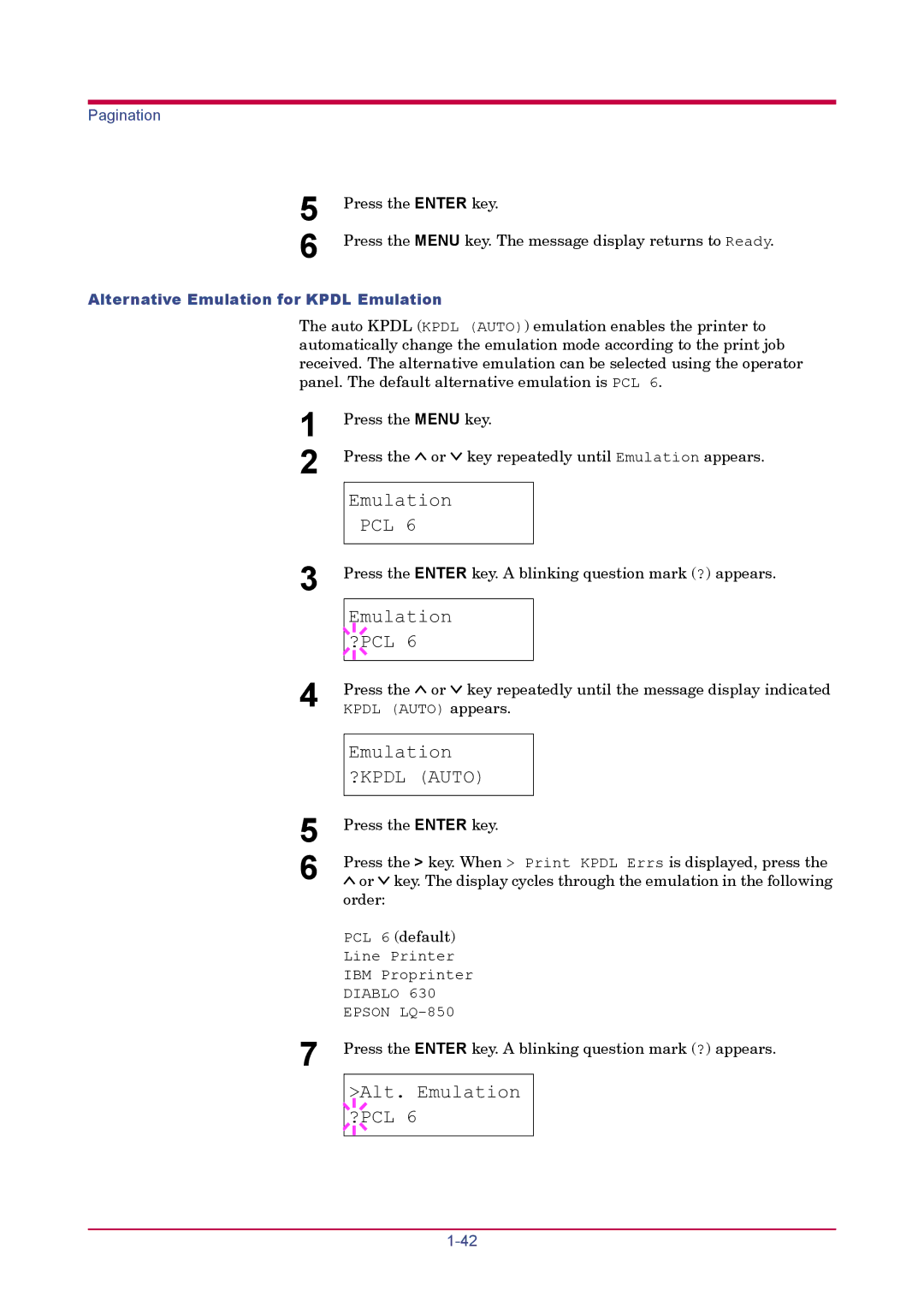 Kyocera FS-1920 manual Emulation ?KPDL Auto, Alt. Emulation ?PCL, Alternative Emulation for Kpdl Emulation 