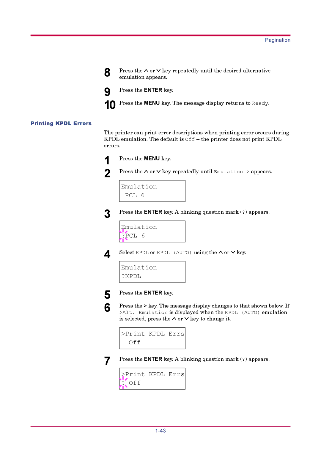 Kyocera FS-1920 manual ?Kpdl, Printing Kpdl Errors 