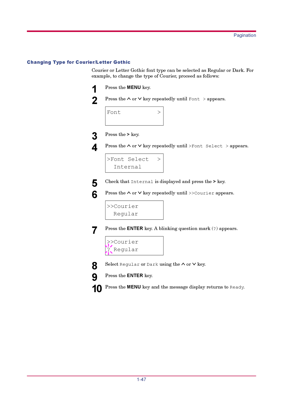 Kyocera FS-1920 manual Courier Regular, Changing Type for Courier/Letter Gothic 