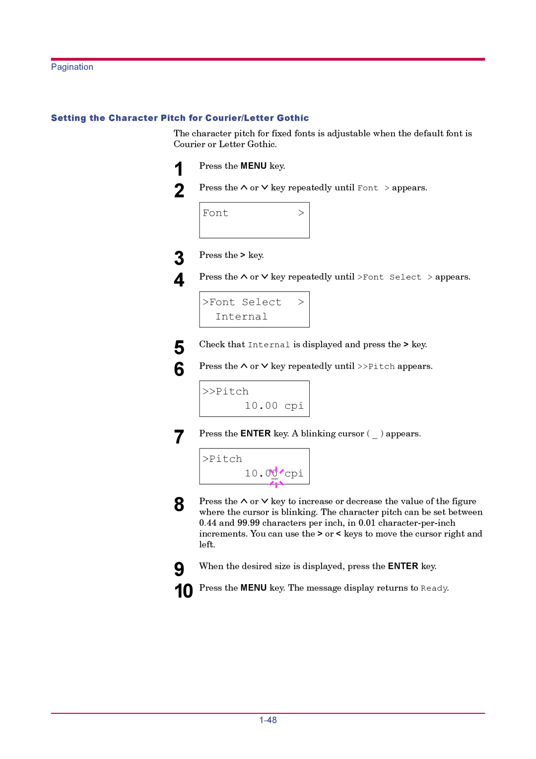 Kyocera FS-1920 manual Setting the Character Pitch for Courier/Letter Gothic 