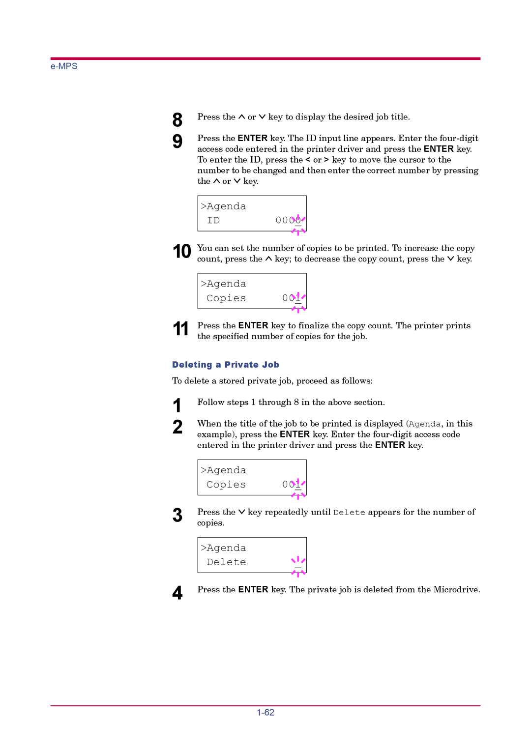 Kyocera FS-1920 manual Agenda Copies 001, Agenda Delete, Deleting a Private Job 