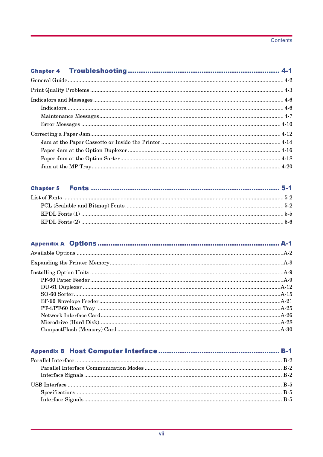 Kyocera FS-1920 manual Troubleshooting, Fonts, Appendix a Options, Appendix B Host Computer Interface 