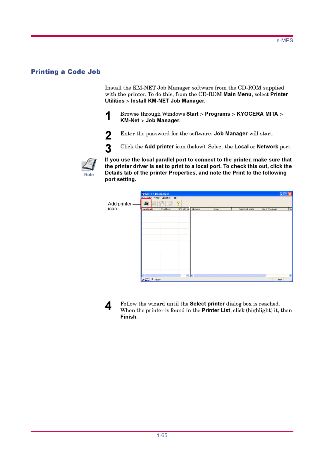 Kyocera FS-1920 manual Printing a Code Job, KM-Net Job Manager 