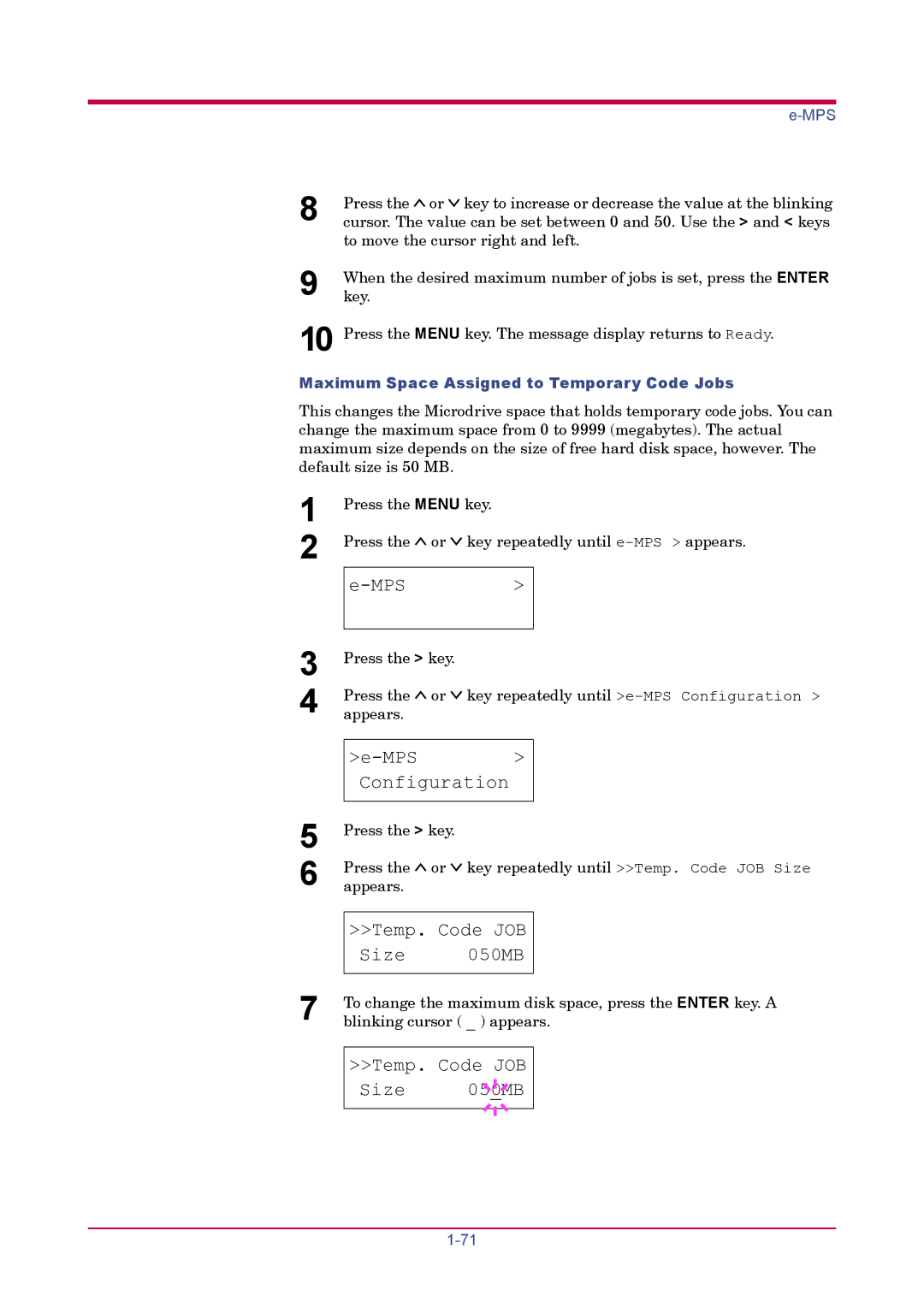 Kyocera FS-1920 manual Temp. Code JOB Size 050MB, Maximum Space Assigned to Temporary Code Jobs 