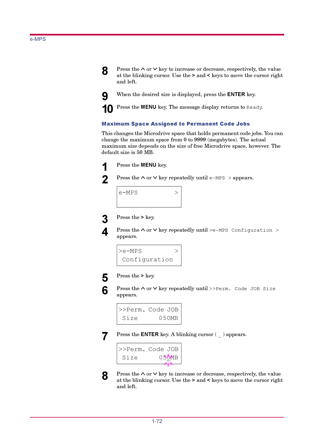 Kyocera FS-1920 manual Perm. Code JOB Size 050MB, Size 05 0MB, Maximum Space Assigned to Permanent Code Jobs 