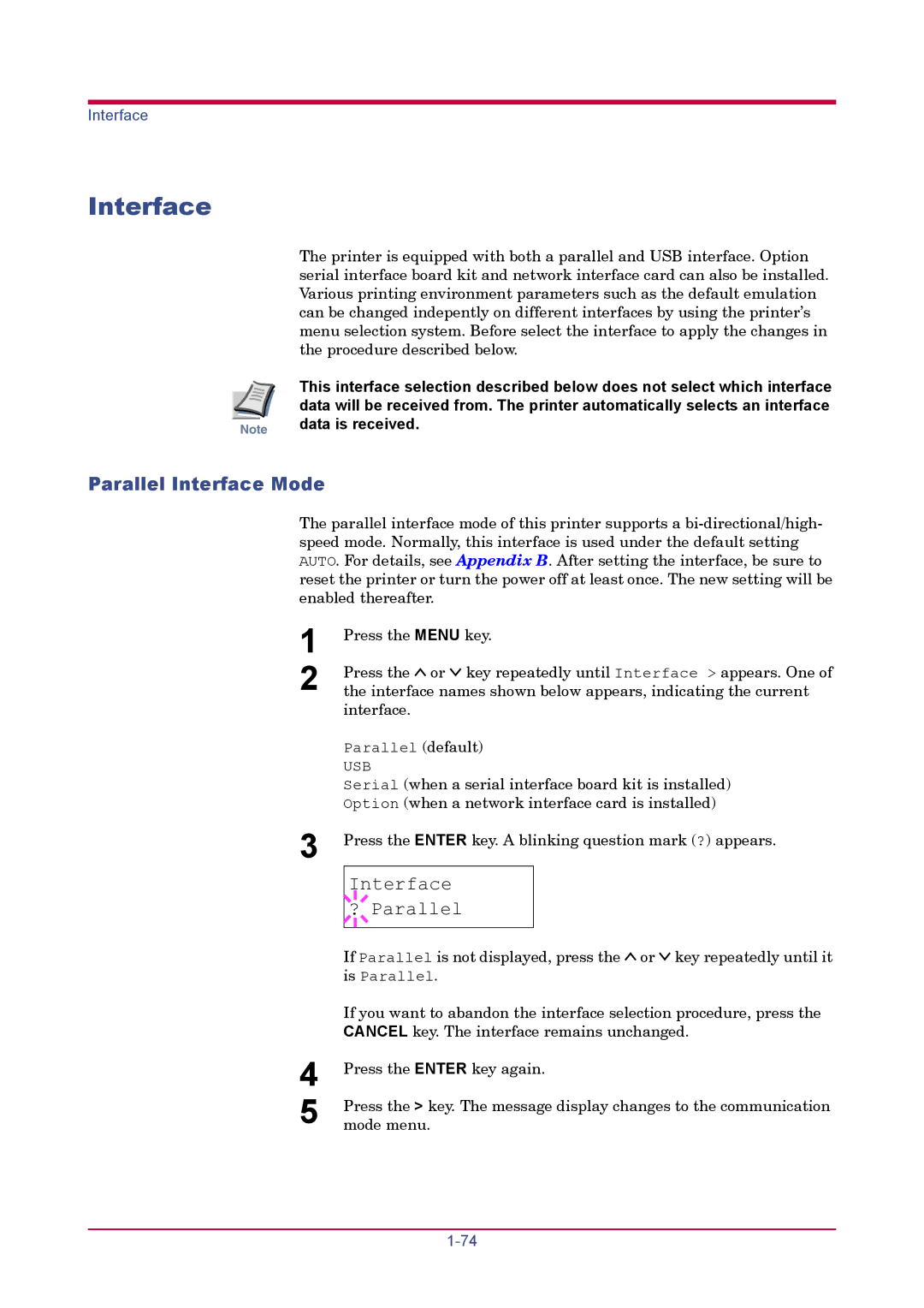 Kyocera FS-1920 manual Parallel Interface Mode 