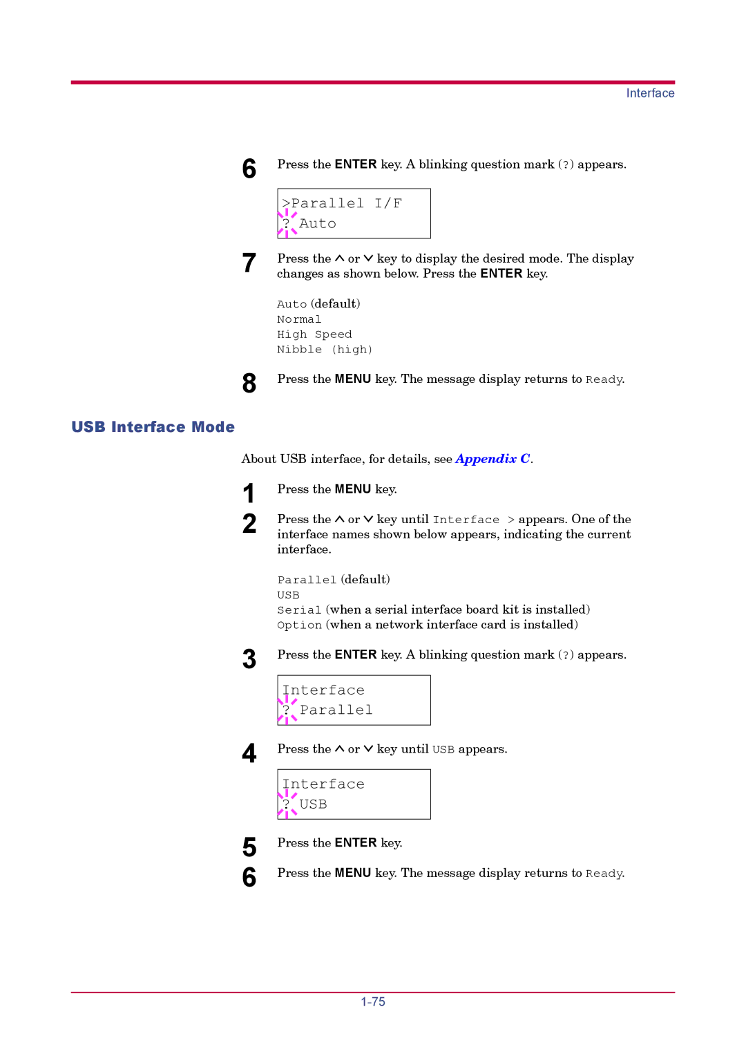 Kyocera FS-1920 manual Parallel I/F ? Auto, USB Interface Mode, Interface ? USB 