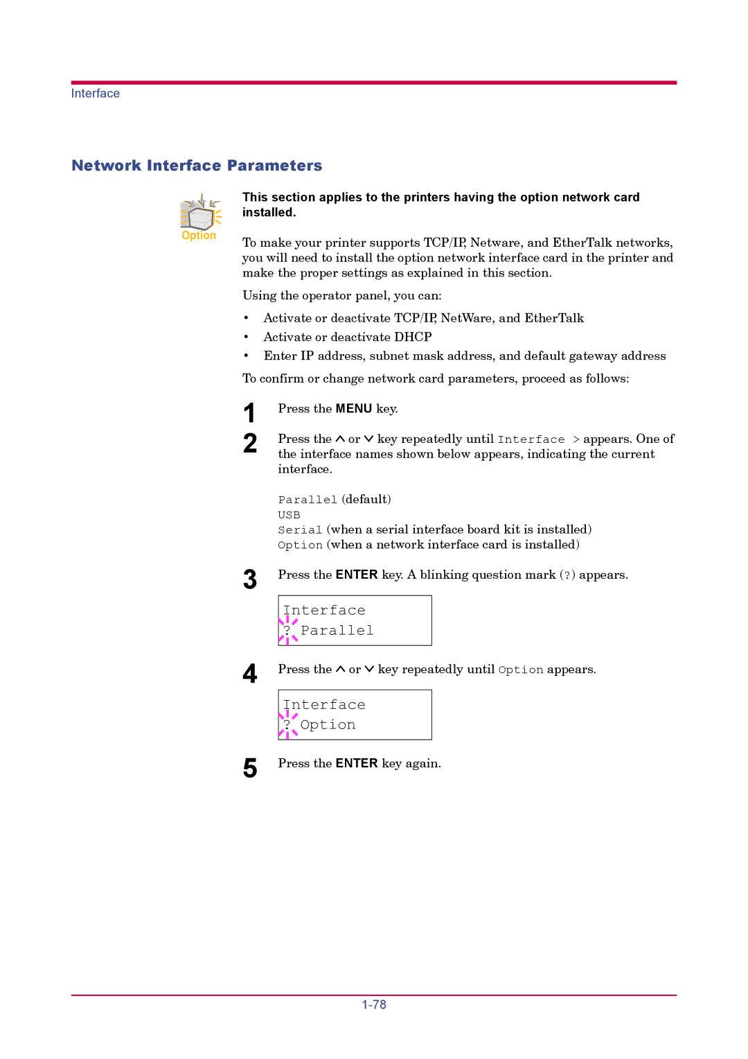 Kyocera FS-1920 manual Network Interface Parameters, Interface ? Option 