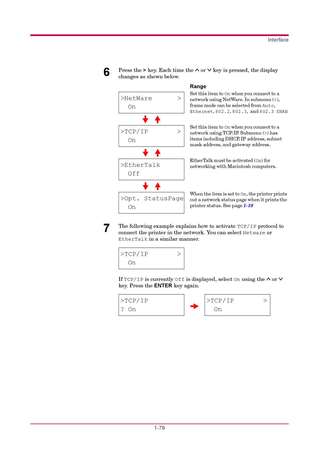 Kyocera FS-1920 manual NetWare, EtherTalk Off Opt. StatusPage On, TCP/IP ? On TCP/IP On 