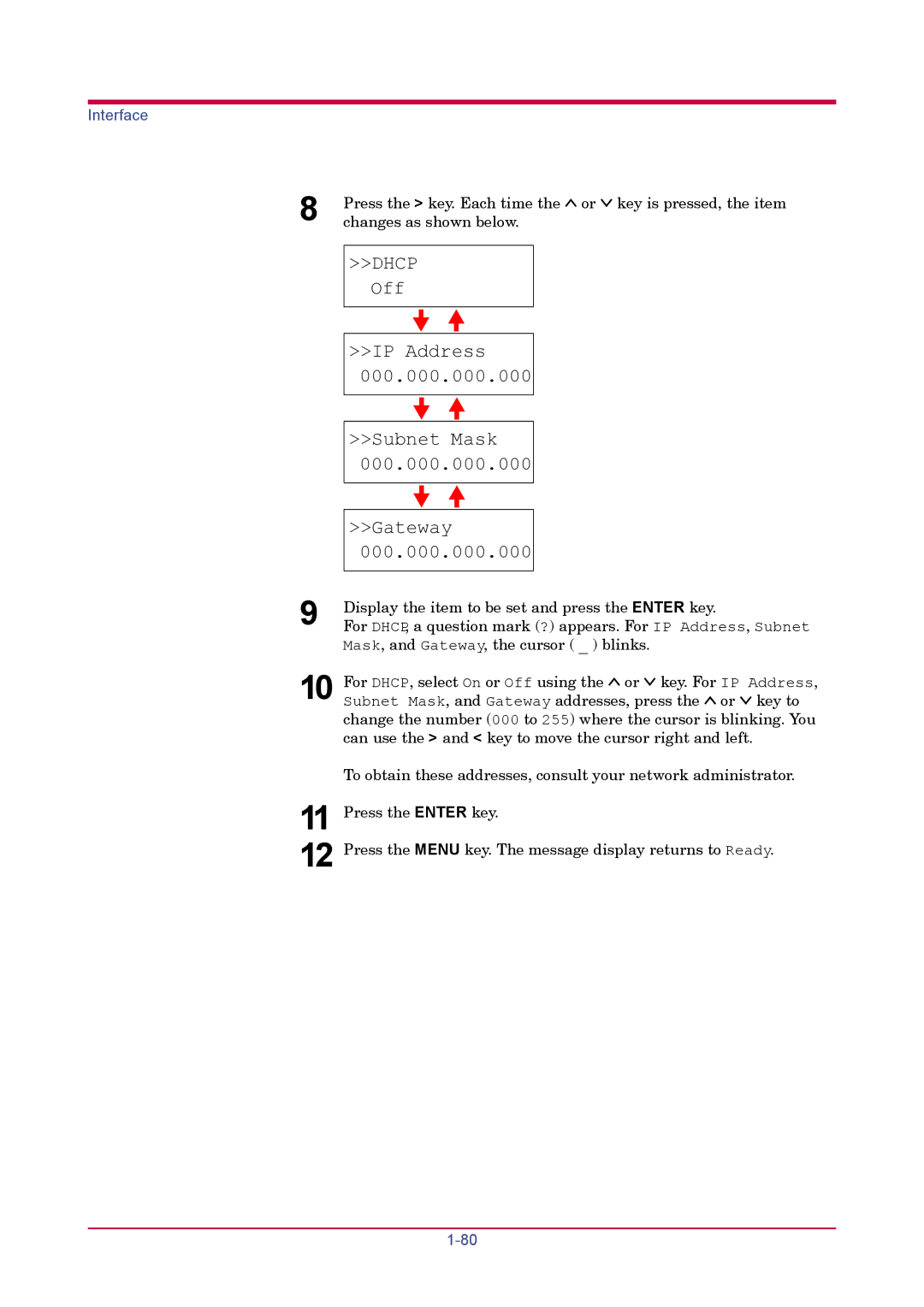 Kyocera FS-1920 manual Dhcp Off IP Address Subnet Mask Gateway 000.000.000.000 