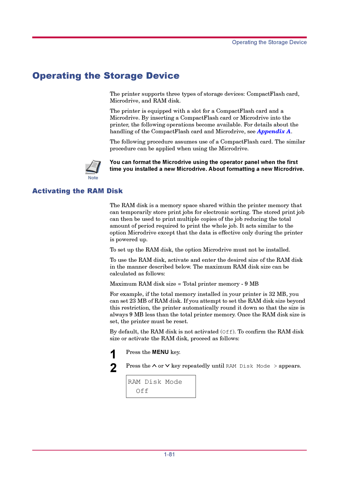 Kyocera FS-1920 manual Operating the Storage Device, Activating the RAM Disk, RAM Disk Mode Off 