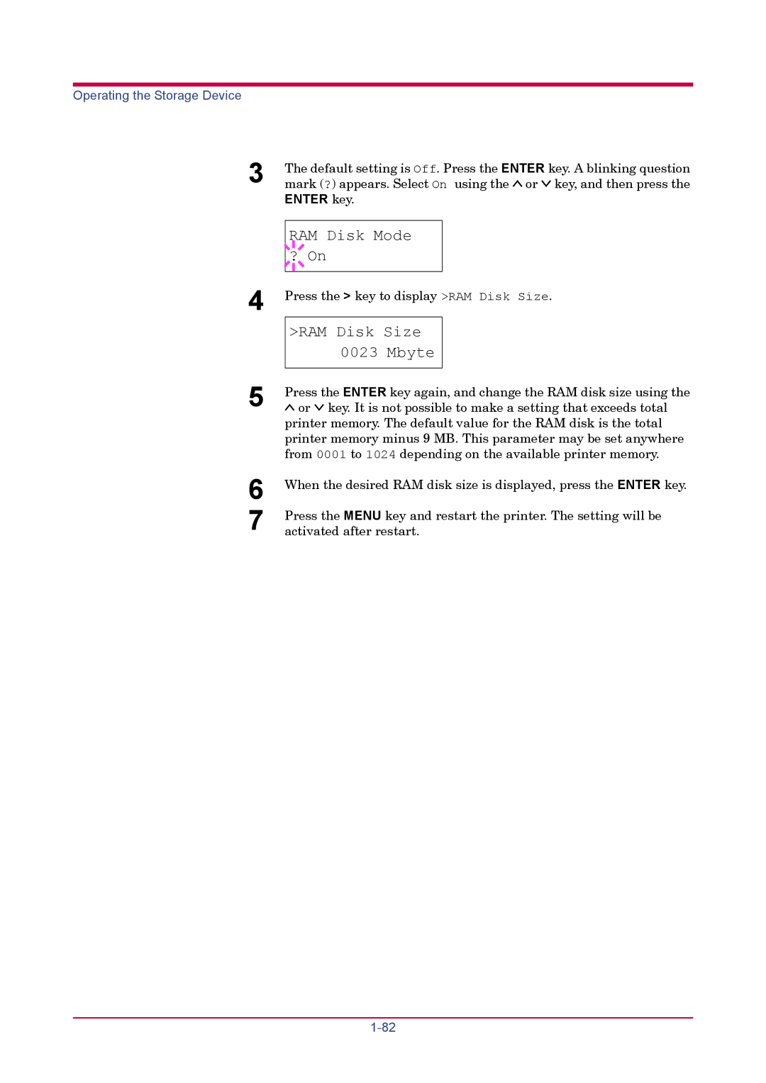 Kyocera FS-1920 manual RAM Disk Mode ? On, RAM Disk Size Mbyte 