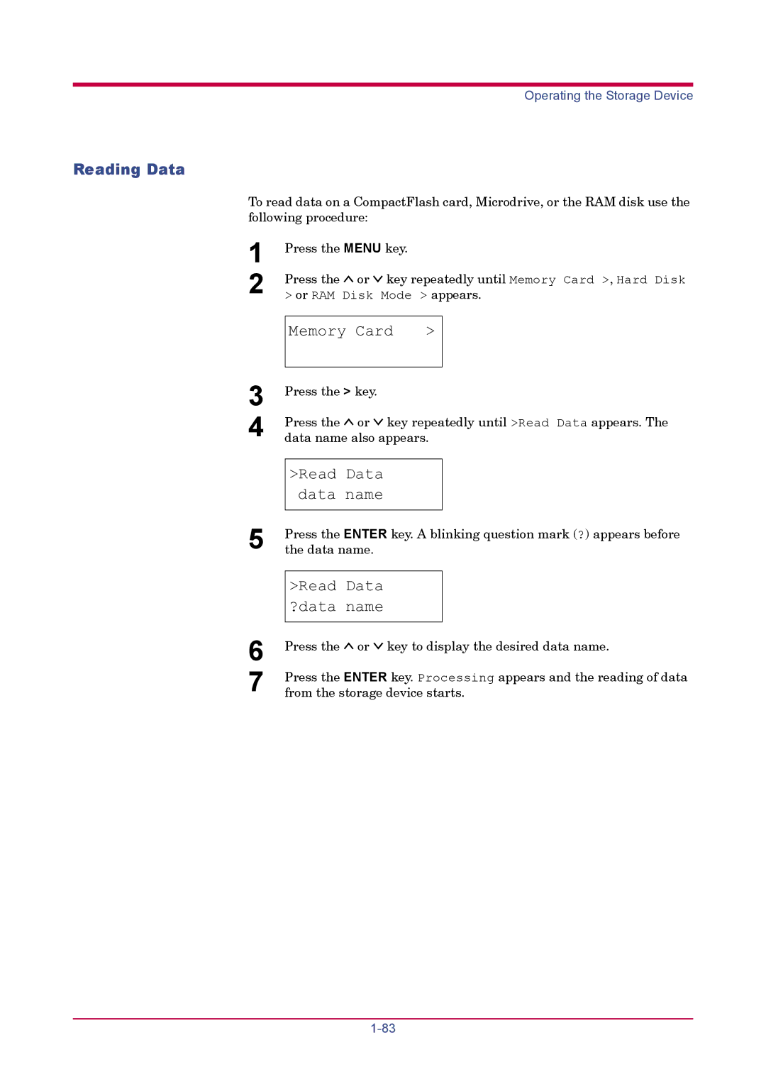 Kyocera FS-1920 manual Reading Data, Memory Card, Read Data Data name, Read Data ?data name 