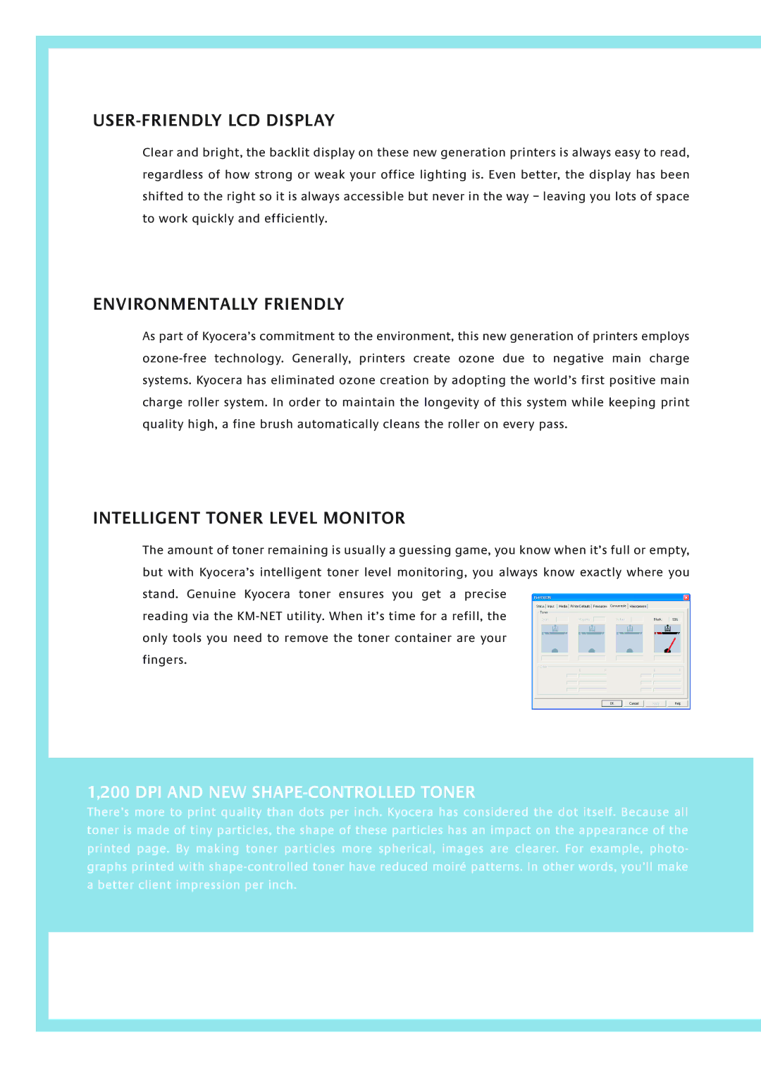 Kyocera FS-2000D manual USER-FRIENDLY LCD Display, Environmentally Friendly, Intelligent Toner Level Monitor 