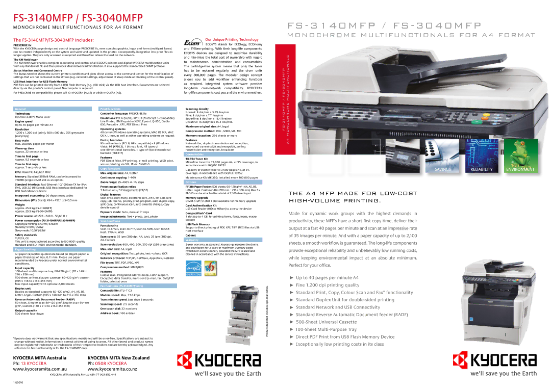 Kyocera FS-3040MFP specifications General, Paper handling, Print functions, Copy functions, Scan functions, Consumables 