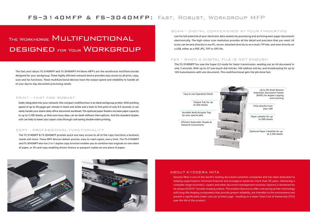 Kyocera FS-3140MFP, FS-3040MFP specifications Workhorse Multifunctional designed for Your Workgroup 