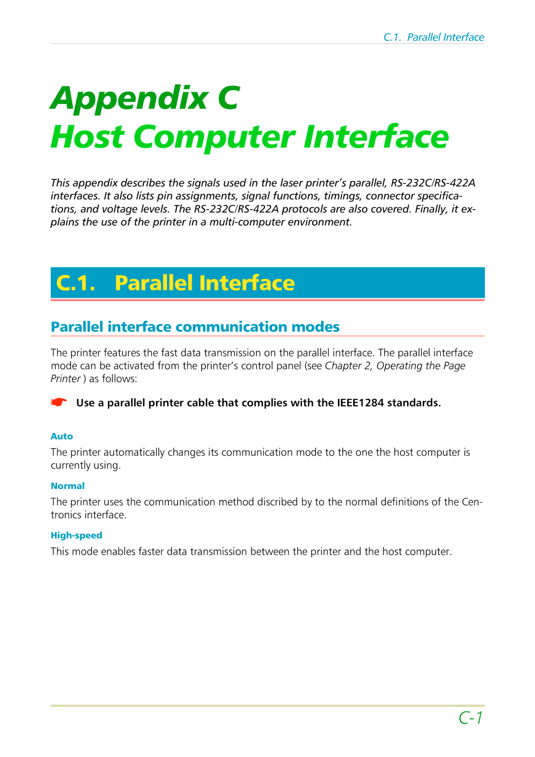 Kyocera FS-3700 manual Parallel Interface, Parallel interface communication modes 