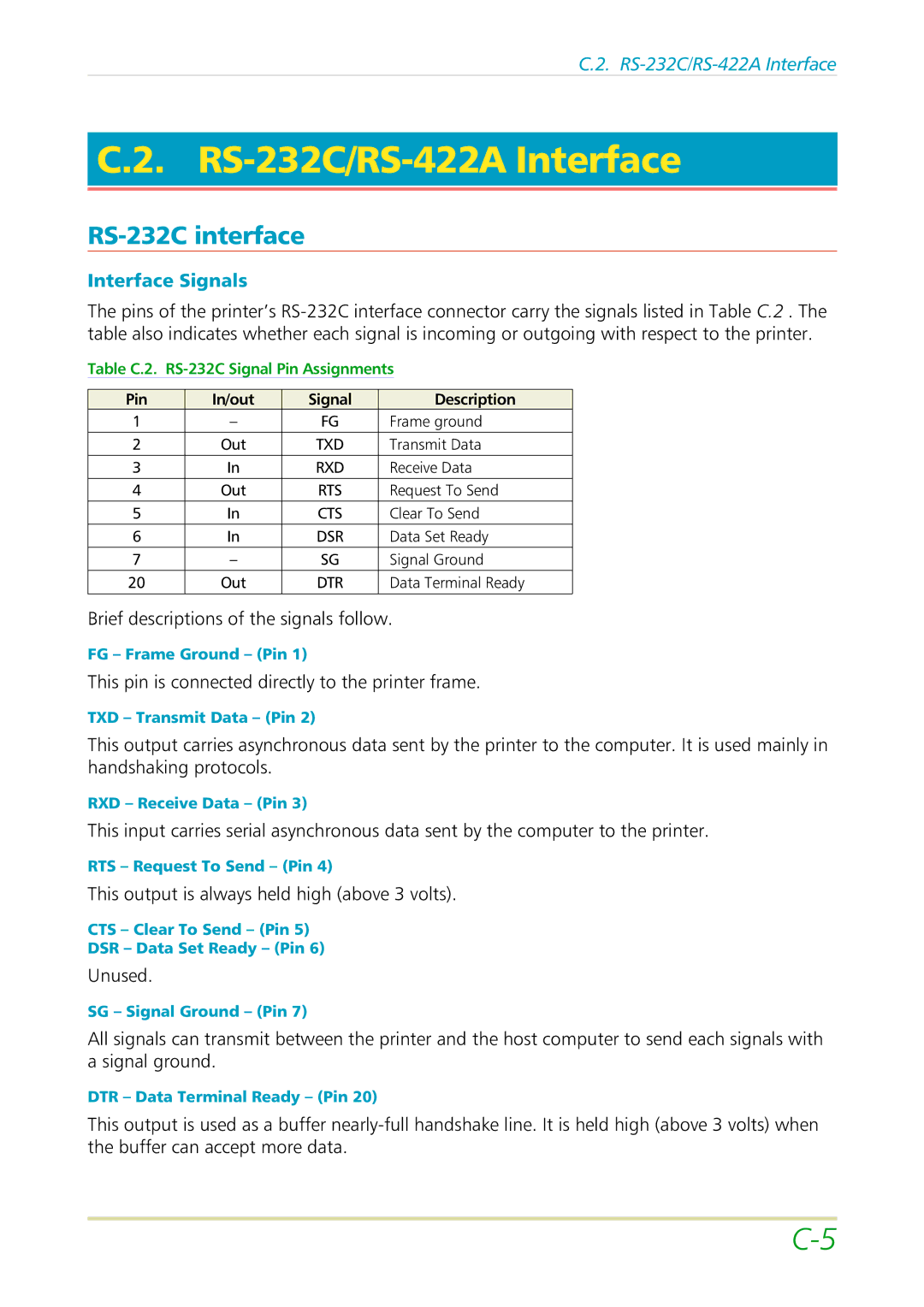 Kyocera FS-3700 manual RS-232C/RS-422A Interface, RS-232C interface, Interface Signals, Pin In/out Signal Description 