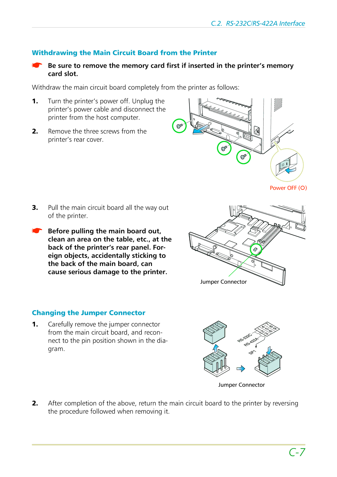 Kyocera FS-3700 manual Withdrawing the Main Circuit Board from the Printer, Changing the Jumper Connector 