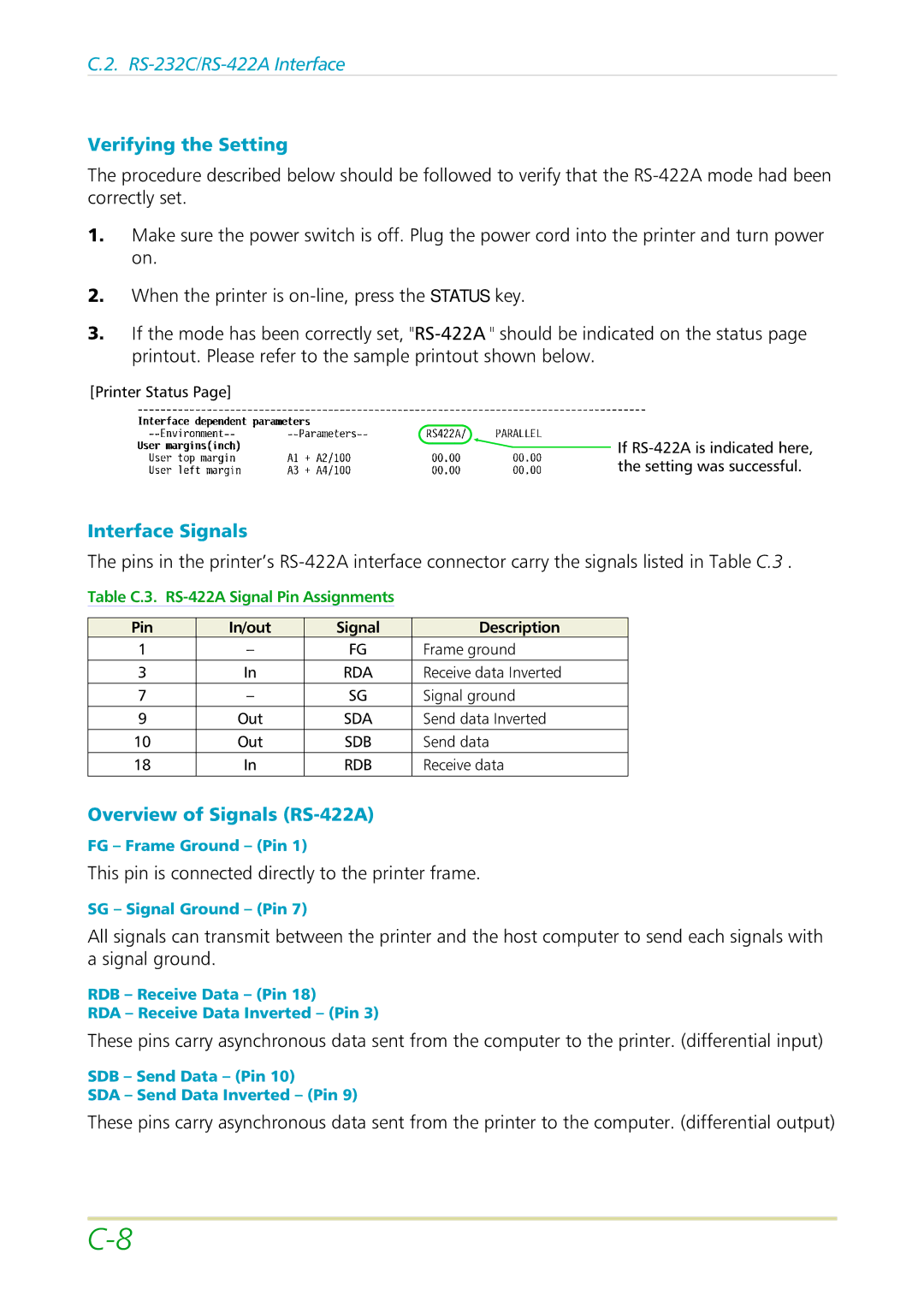 Kyocera FS-3700 manual Verifying the Setting, Overview of Signals RS-422A 