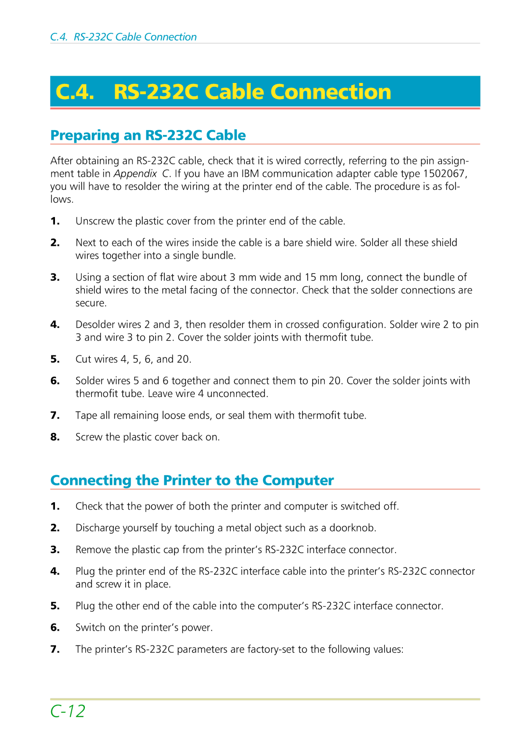 Kyocera FS-3700 manual RS-232C Cable Connection, Preparing an RS-232C Cable, Connecting the Printer to the Computer 