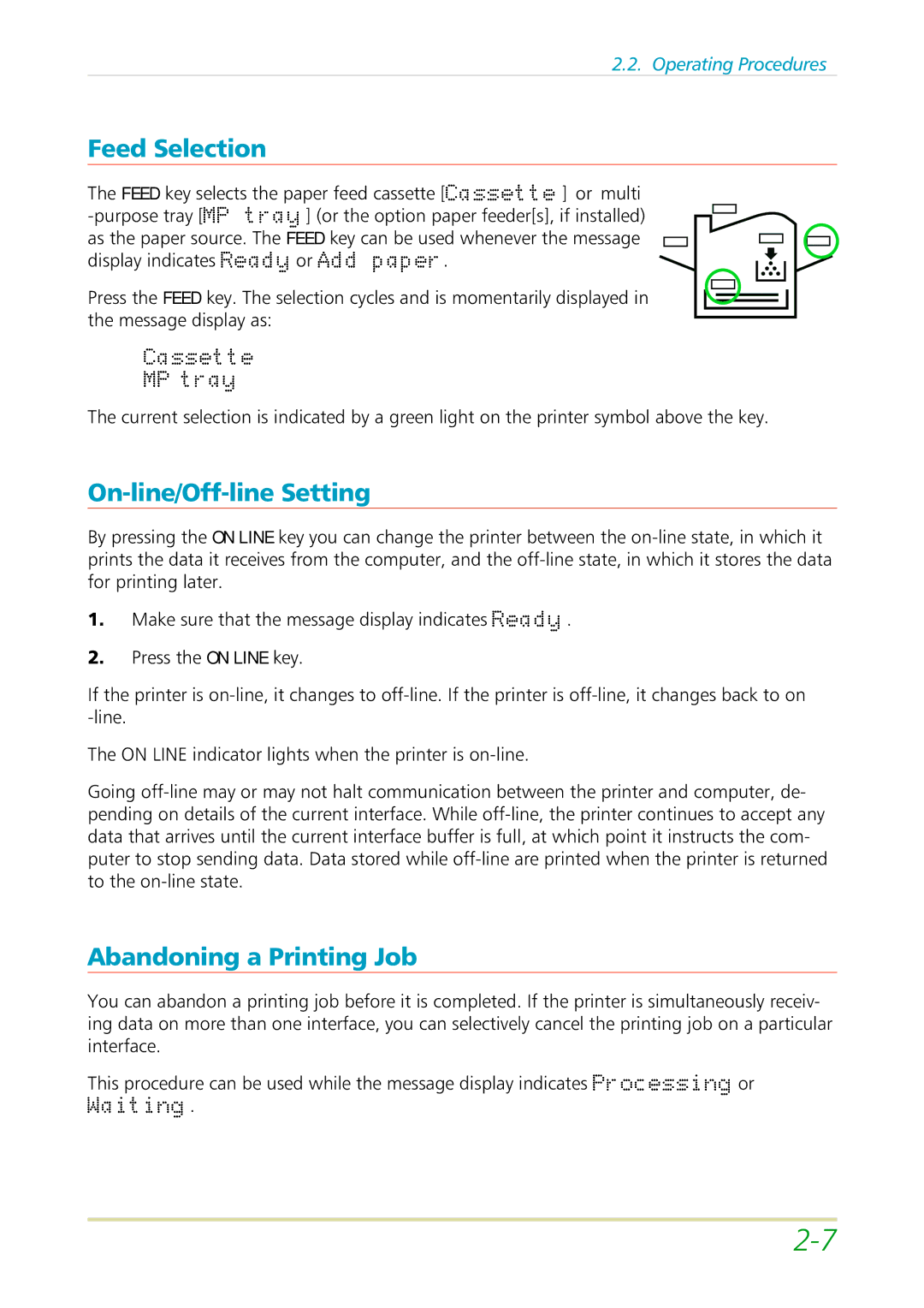 Kyocera FS-3700 manual Feed Selec ion, On-line/Off-line Setting, Abandoning a Printing Job 