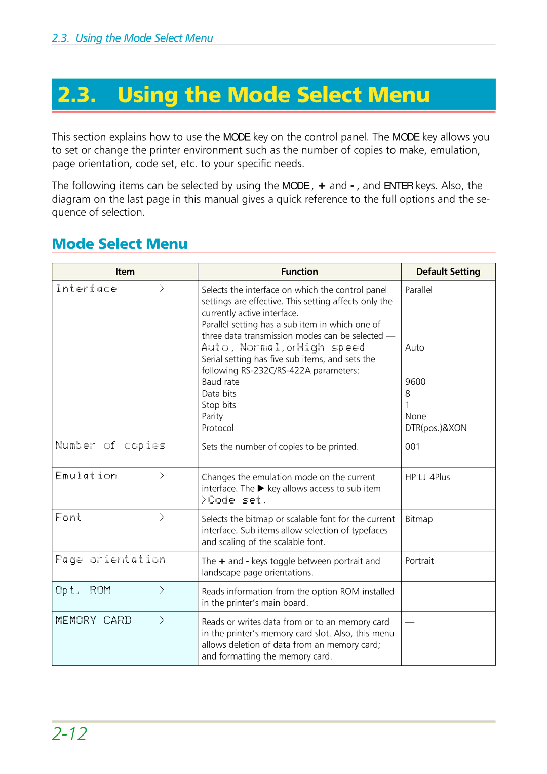 Kyocera FS-3700 manual Using the Mode Select Menu, Funct on Default Setting 