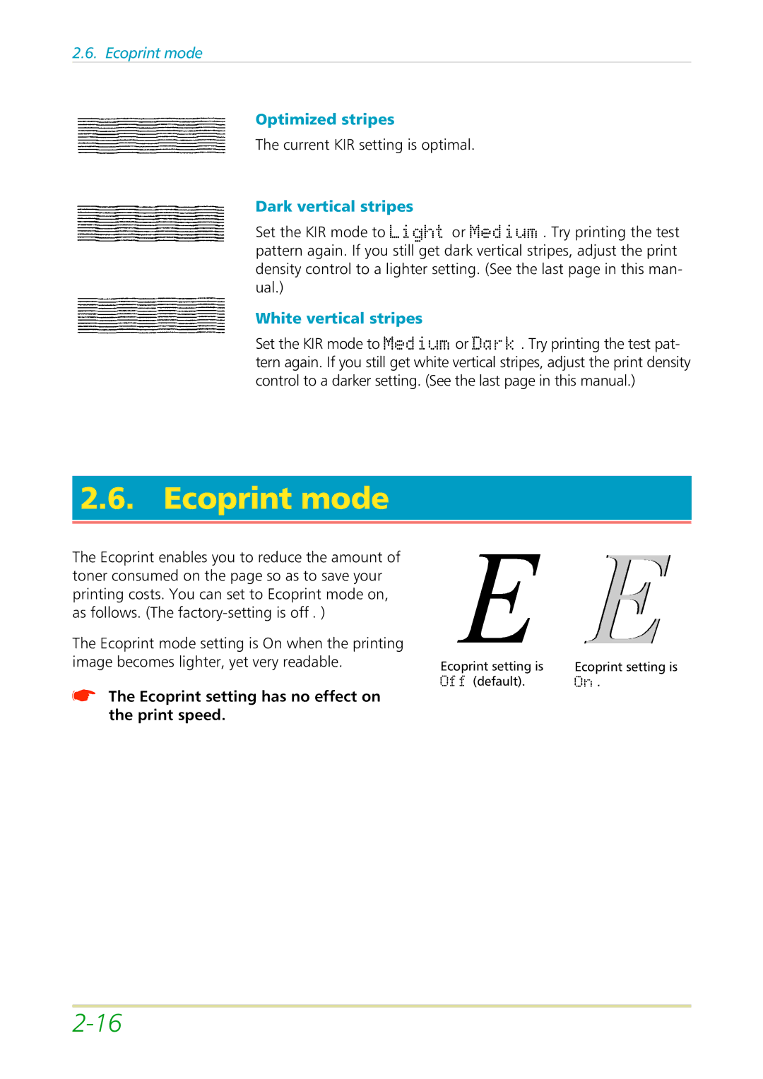 Kyocera FS-3700 manual Ecoprint mode, Optimized stripes, Dark vertical strip s, White vertical stripes 